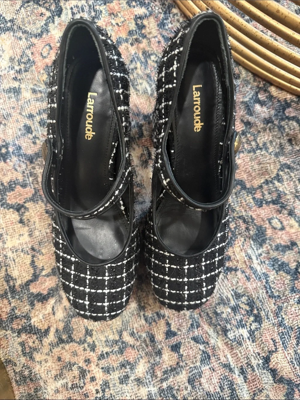 Larroude Black and White Tweed Mary Jane Platform Pumps